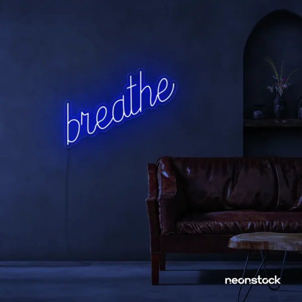 Breathe neon sign in dark blue for meditation rooms, yoga studios, and calming home decor.
