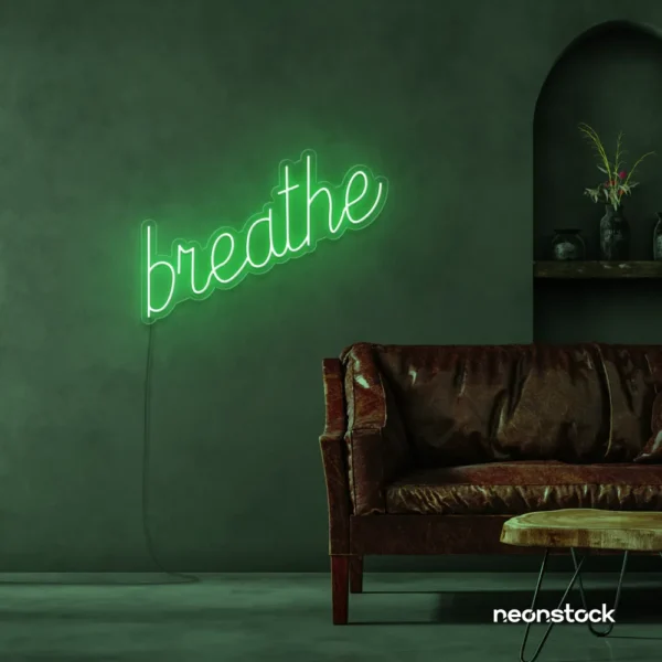 Breathe neon sign in green for meditation rooms, yoga studios, and calming home decor.