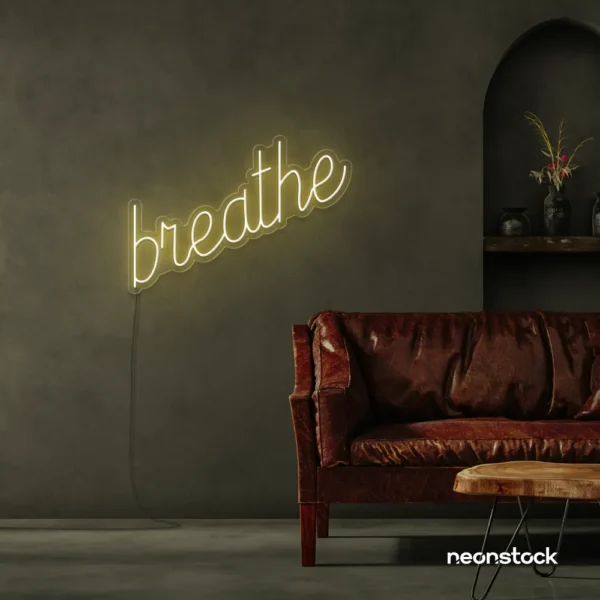 Breathe neon sign in warm white for meditation rooms, yoga studios, and calming home decor.