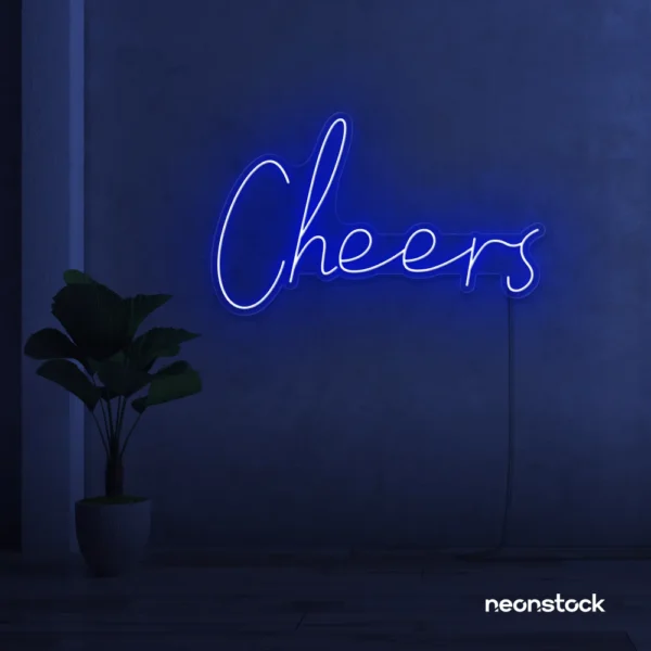 Cheers neon sign in dark blue for weddings, parties, and event decor.