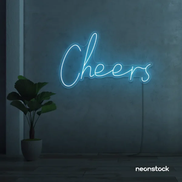 Cheers neon sign in ice blue for weddings, parties, and event decor.