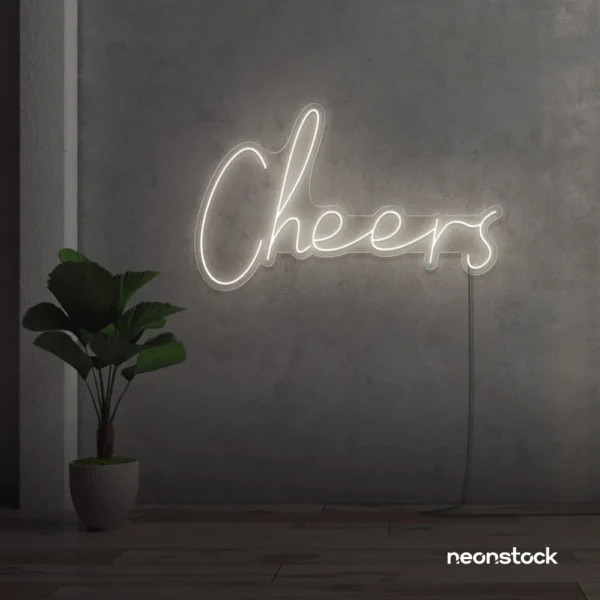 Cheers neon sign in neutral white for weddings, parties, and event decor.