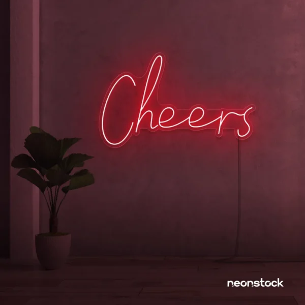 Cheers neon sign in red for weddings, parties, and event decor.