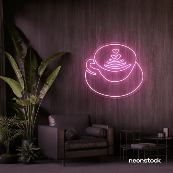 Latte cup neon sign in baby pink for coffee shops, cafes, and kitchen wall decor.