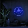 Latte cup neon sign in dark blue for coffee shops, cafes, and kitchen wall decor.