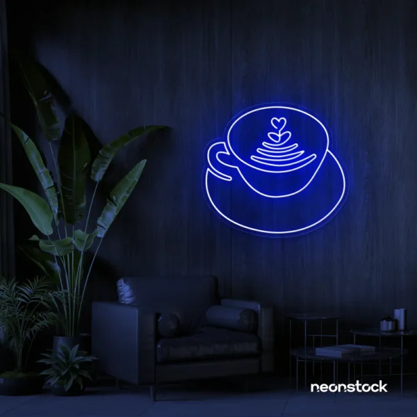 Latte cup neon sign in dark blue for coffee shops, cafes, and kitchen wall decor.
