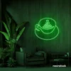 Latte cup neon sign in deep green for coffee shops, cafes, and kitchen wall decor.