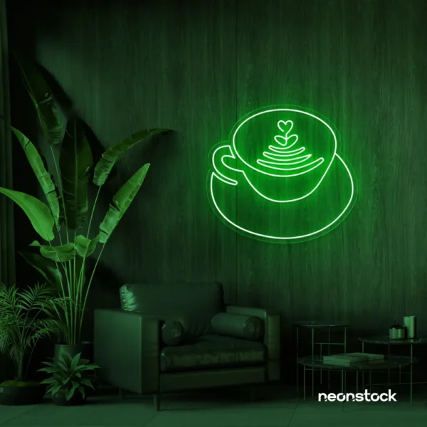 Latte cup neon sign in deep green for coffee shops, cafes, and kitchen wall decor.