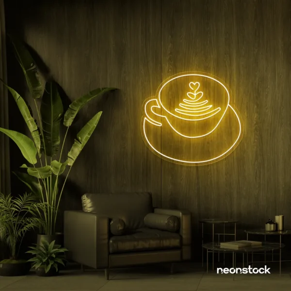 Latte cup neon sign in golden yellow for coffee shops, cafes, and kitchen wall decor.