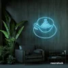 Latte cup neon sign in ice blue for coffee shops, cafes, and kitchen wall decor.