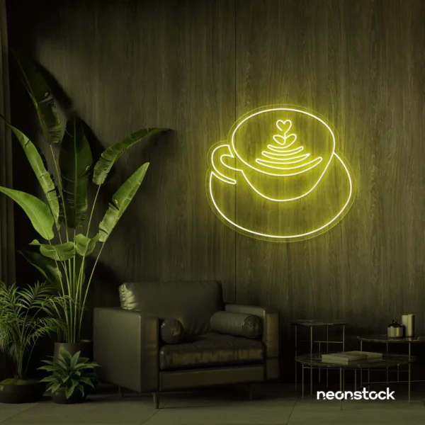 Latte cup neon sign in lemon yellow for coffee shops, cafes, and kitchen wall decor.