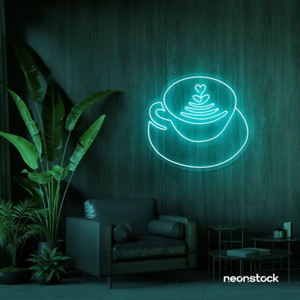 Latte cup neon sign in mint green for coffee shops, cafes, and kitchen wall decor.