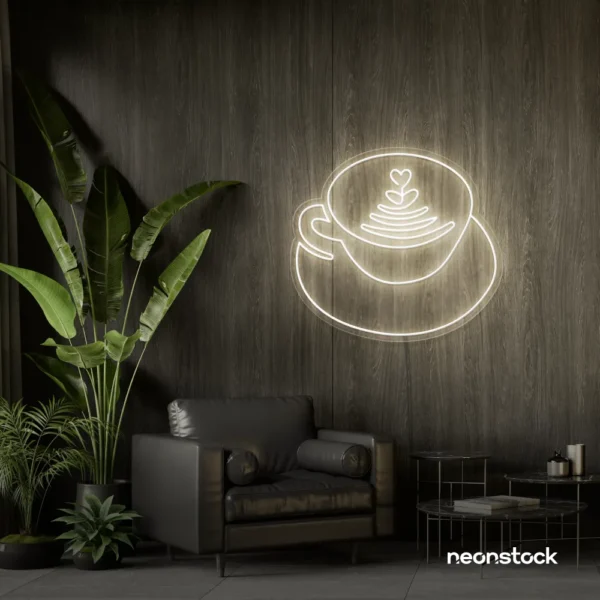 Latte cup neon sign in neutral white for coffee shops, cafes, and kitchen wall decor.
