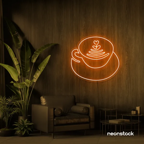 Latte cup neon sign in orange for coffee shops, cafes, and kitchen wall decor.