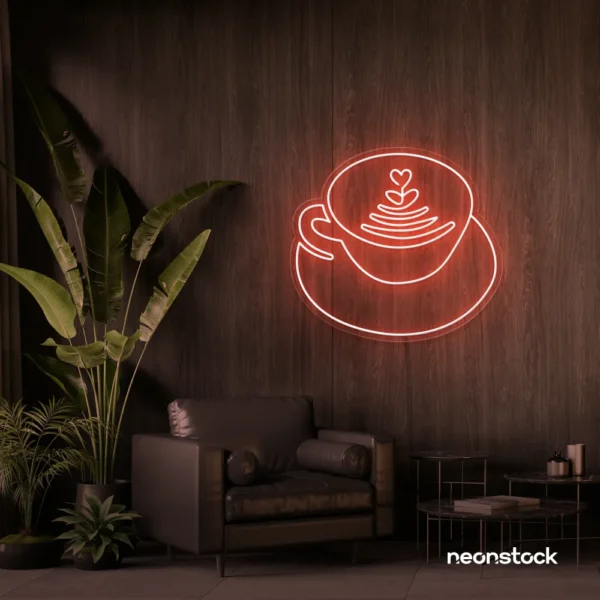 Latte cup neon sign in peachy pink for coffee shops, cafes, and kitchen wall decor.