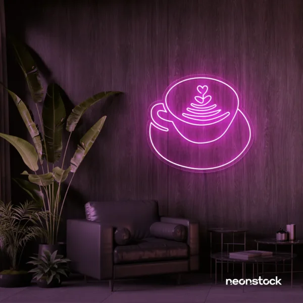 Latte cup neon sign in pink for coffee shops, cafes, and kitchen wall decor.