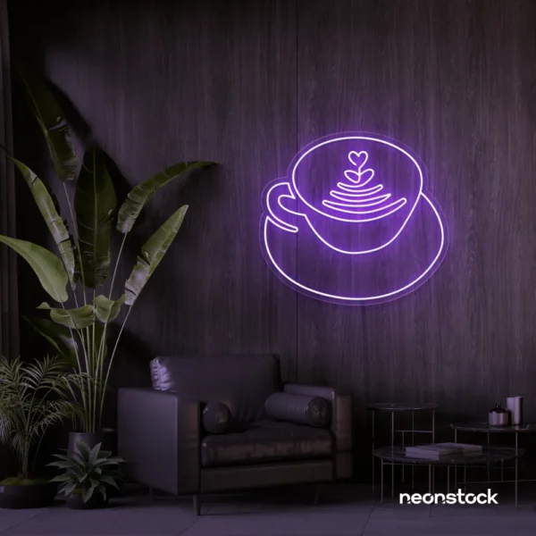 Latte cup neon sign in purple for coffee shops, cafes, and kitchen wall decor.