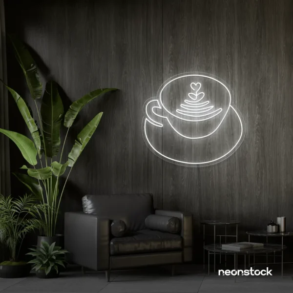 Latte cup neon sign in white for coffee shops, cafes, and kitchen wall decor.