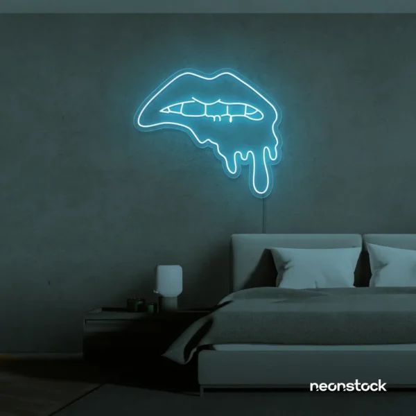 Drip lip neon sign in ice blue for glam rooms, modern wall art, and beauty salon decor.