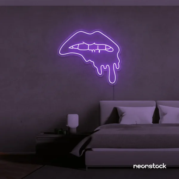 Drip lip neon sign in purple for glam rooms, modern wall art, and beauty salon decor.