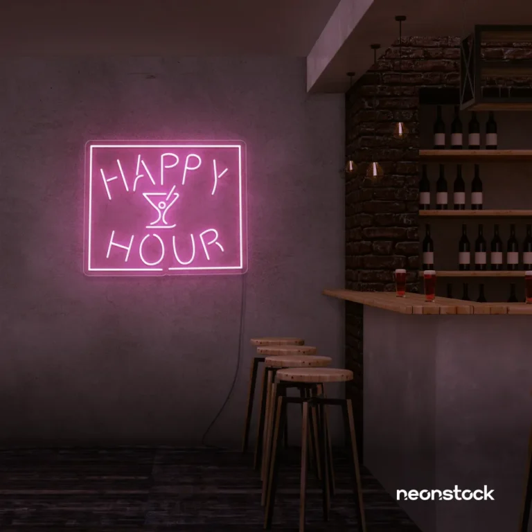 Happy Hour neon sign in baby pink for bars, lounges, and home parties.