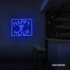 Happy Hour neon sign in dark blue for bars, lounges, and home parties.