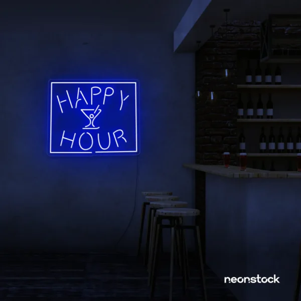 Happy Hour neon sign in dark blue for bars, lounges, and home parties.