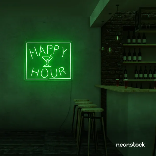 Happy Hour neon sign in deep green for bars, lounges, and home parties.