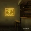 Happy Hour neon sign in golden yellow for bars, lounges, and home parties.
