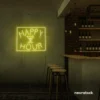 Happy Hour neon sign in lemon yellow for bars, lounges, and home parties.
