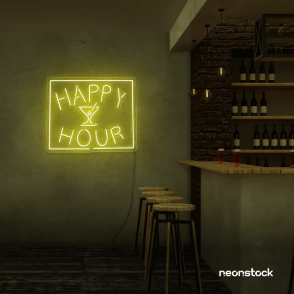 Happy Hour neon sign in lemon yellow for bars, lounges, and home parties.