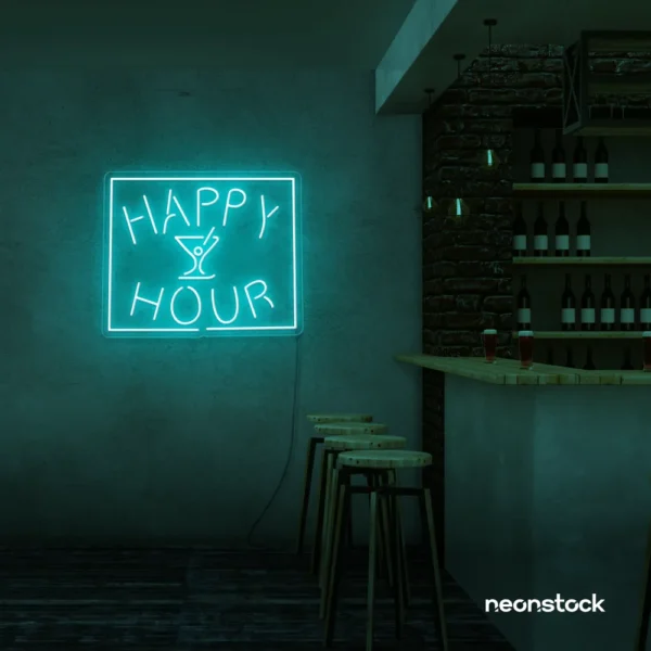 Happy Hour neon sign in mint green for bars, lounges, and home parties.