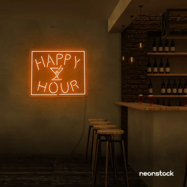 Happy Hour neon sign in orange for bars, lounges, and home parties.