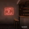 Happy Hour neon sign in peachy pink for bars, lounges, and home parties.