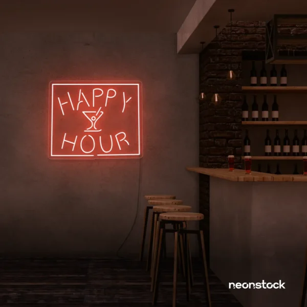 Happy Hour neon sign in peachy pink for bars, lounges, and home parties.