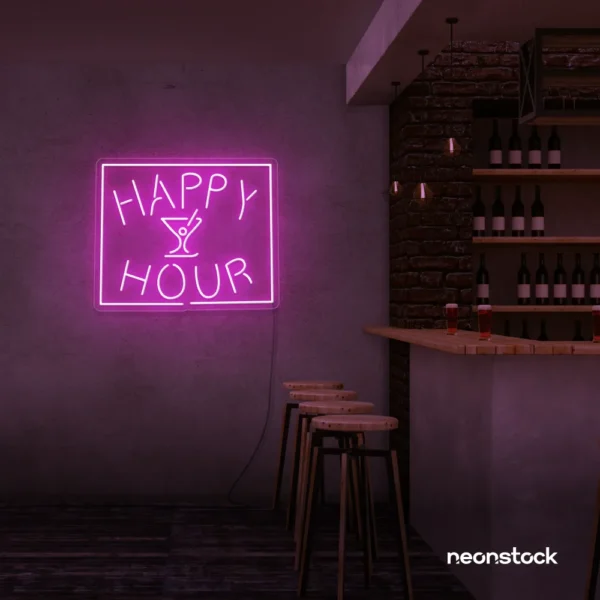 Happy Hour neon sign in pink for bars, lounges, and home parties.