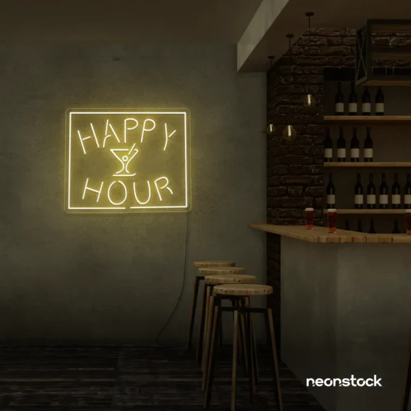 Happy Hour neon sign in warm white for bars, lounges, and home parties.