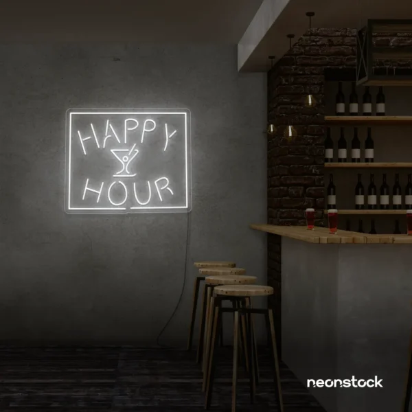 Happy Hour neon sign in white for bars, lounges, and home parties.