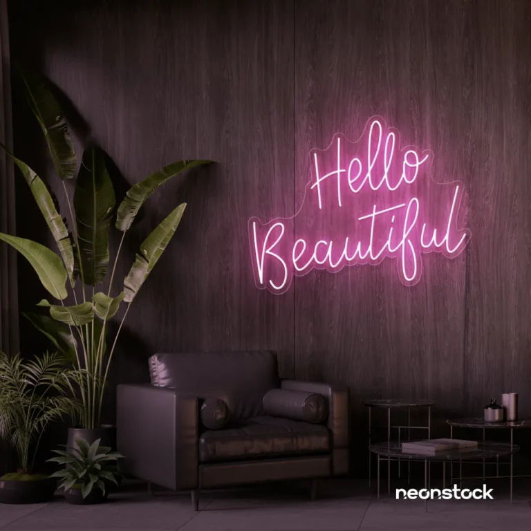 Hello Beautiful neon sign in pink script font for salon styling walls and glam vanity decor.