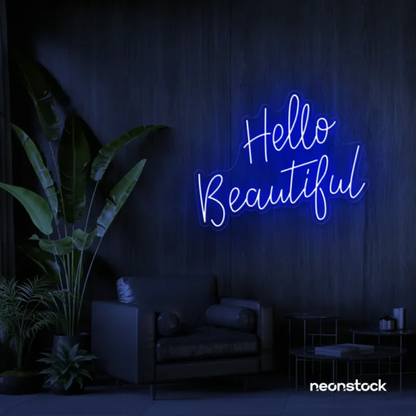 Hello Beautiful neon sign in dark blue script font for salon styling walls and glam vanity decor.