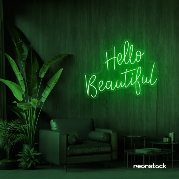 Hello Beautiful neon sign in deep green script font for salon styling walls and glam vanity decor.