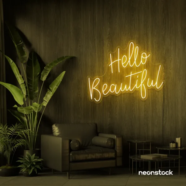 Hello Beautiful neon sign in golden yellow script font for salon styling walls and glam vanity decor.