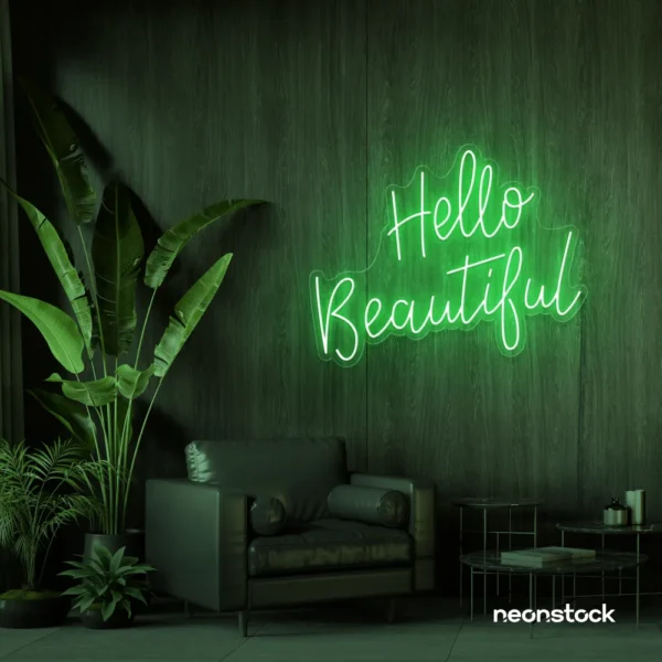 Hello Beautiful neon sign in green script font for salon styling walls and glam vanity decor.
