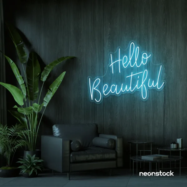 Hello Beautiful neon sign in ice blue script font for salon styling walls and glam vanity decor.