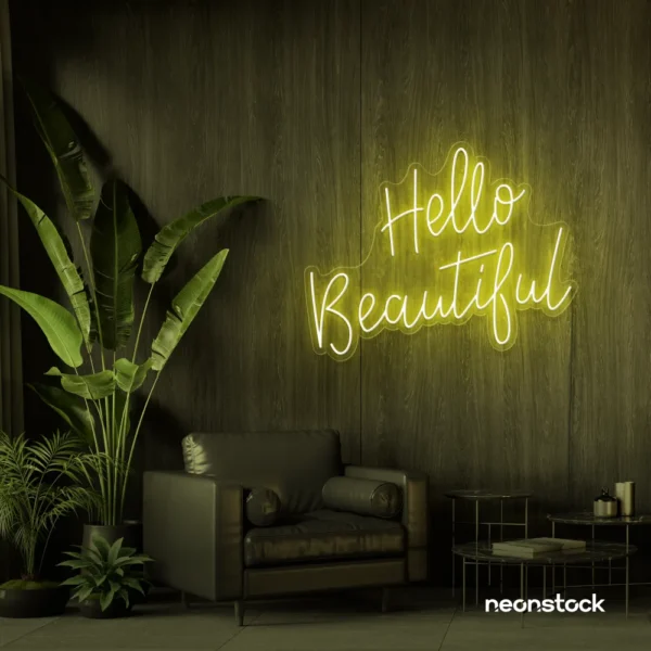 Hello Beautiful neon sign in lemon yellow script font for salon styling walls and glam vanity decor.