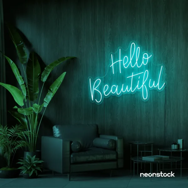 Hello Beautiful neon sign in mint green script font for salon styling walls and glam vanity decor.