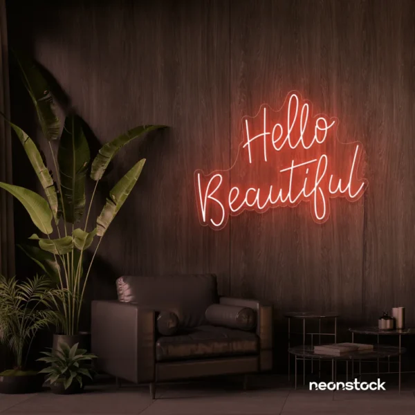 Hello Beautiful neon sign in peachy pink script font for salon styling walls and glam vanity decor.