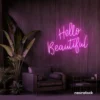 Hello Beautiful neon sign in pink script font for salon styling walls and glam vanity decor.