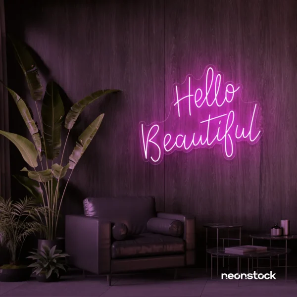 Hello Beautiful neon sign in pink script font for salon styling walls and glam vanity decor.