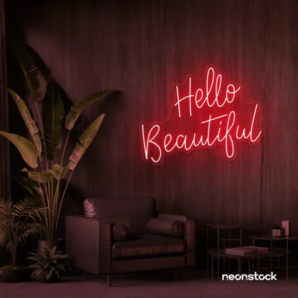 Hello Beautiful neon sign in red script font for salon styling walls and glam vanity decor.